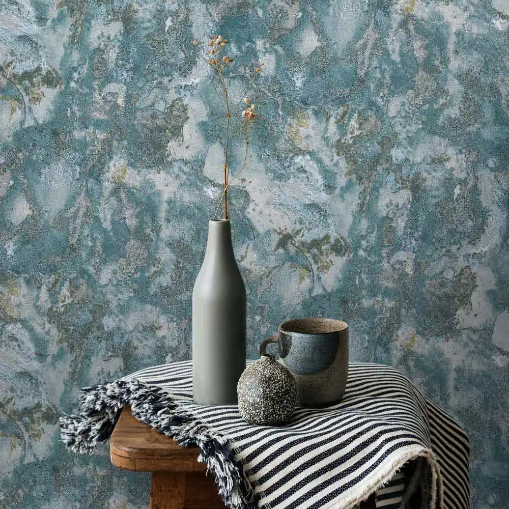 کاغذ دیواری آبی طرح پتینه در دکوراسیون مدرن